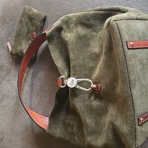 Dooney & Bourke Brown Suede Bag with Red Strap
